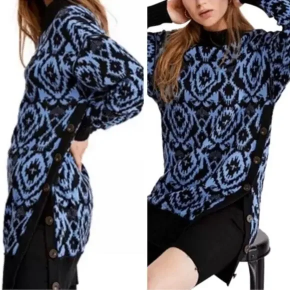 Free People Blue Black Winter Skies Print Tunic Dress Oversized Sweater Size M - Picture 3 of 13